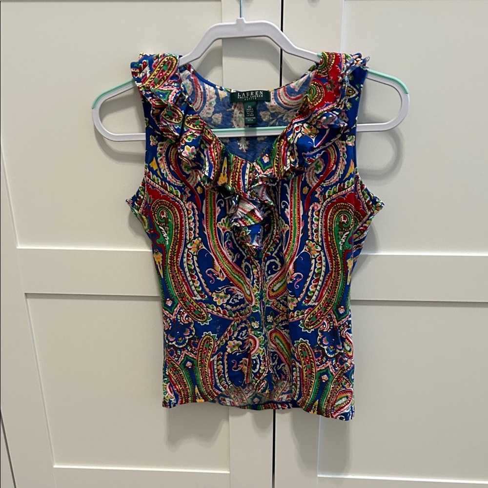 Lauren Ralph Lauren Blue Multi Paisley Ruffle Shell